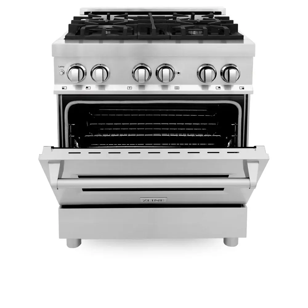 ZLINE 30” Stainless Steel Dual Fuel Professional Range with open door