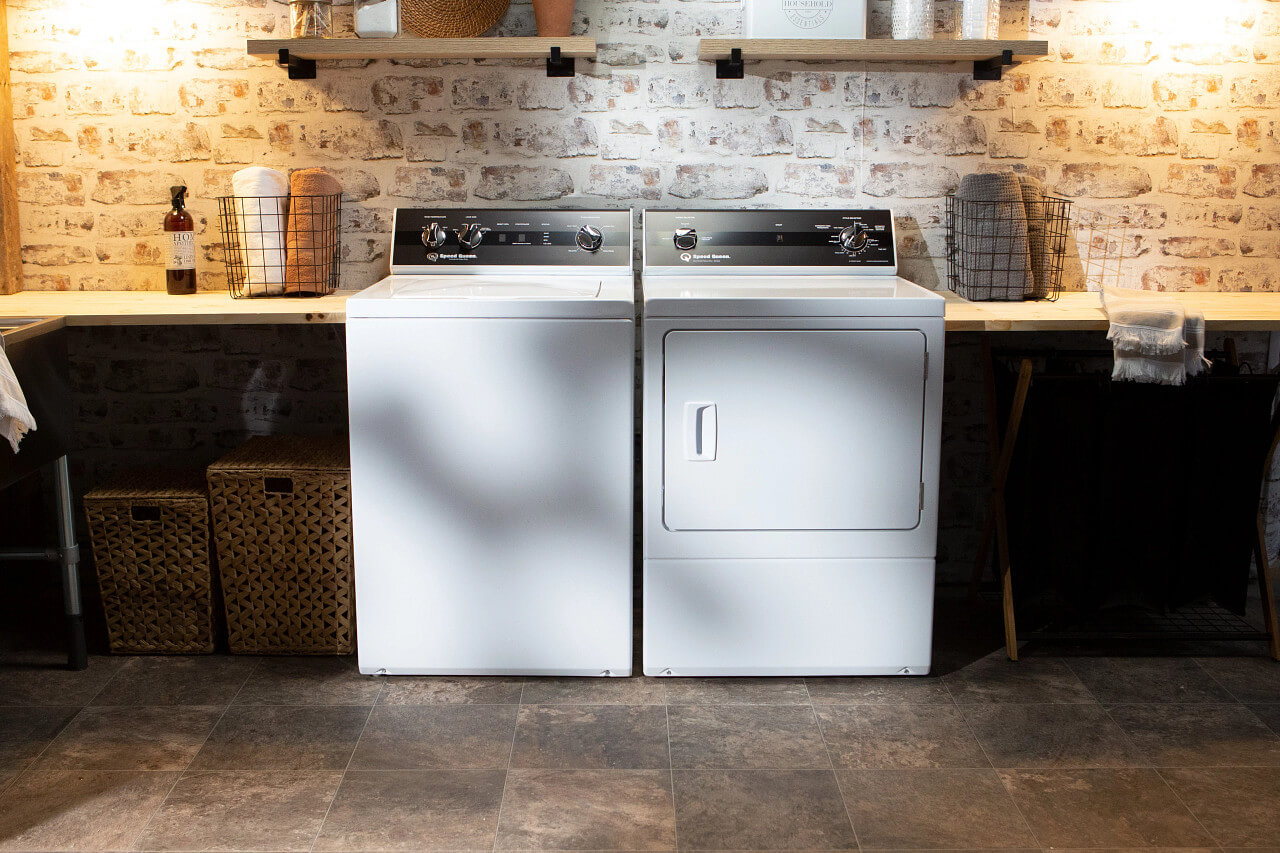 Speed Queen Washer Dryer 3000 in laundry room