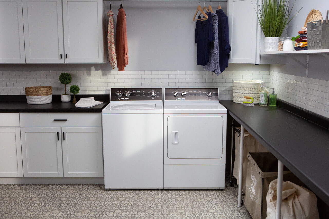 Speed Queen Washer and Dryer 5000 in laundry room