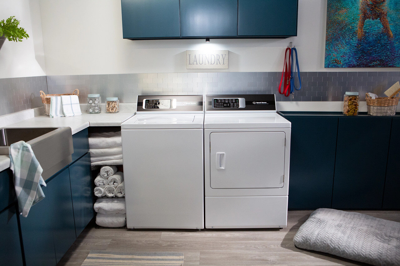Speed Queen Washer and Dryer 7000 in laundry room