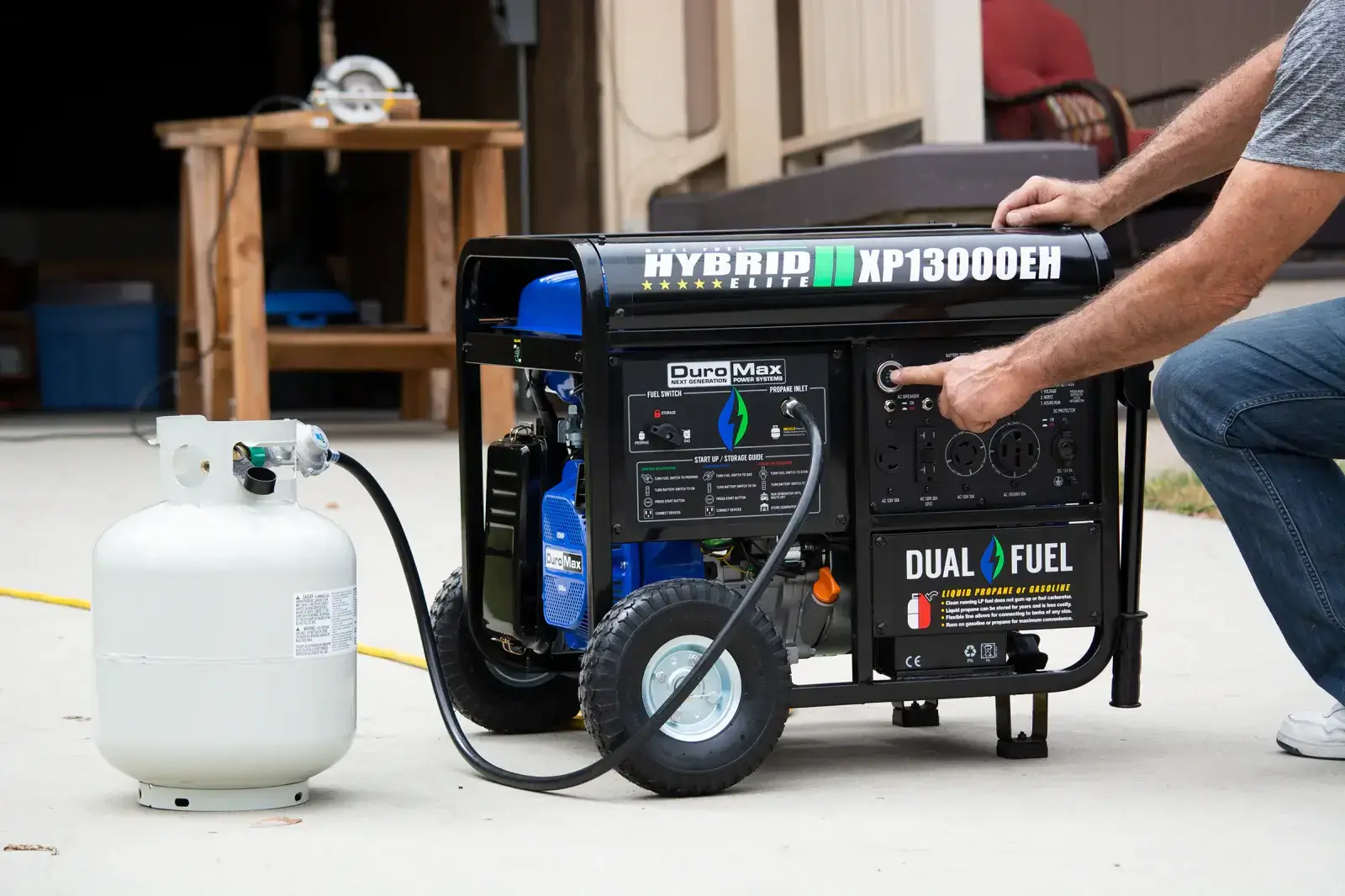 DuroMax XP13000EH with propane cylinder