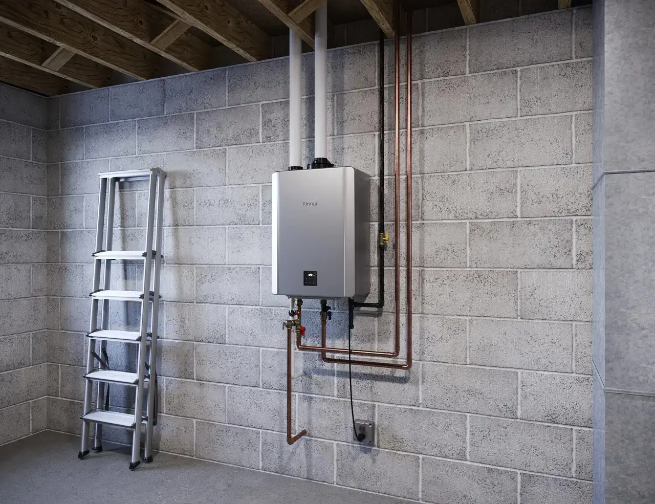 Rinnai RXP series tankless hot water heater in basement