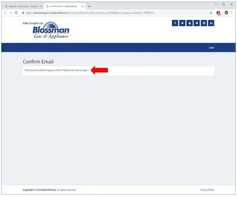 Login link after registration to Blossman portal