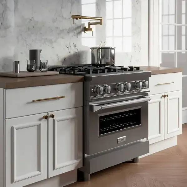 Legacy Stainless-Steel Dual Fuel Range RA30 in kitchen